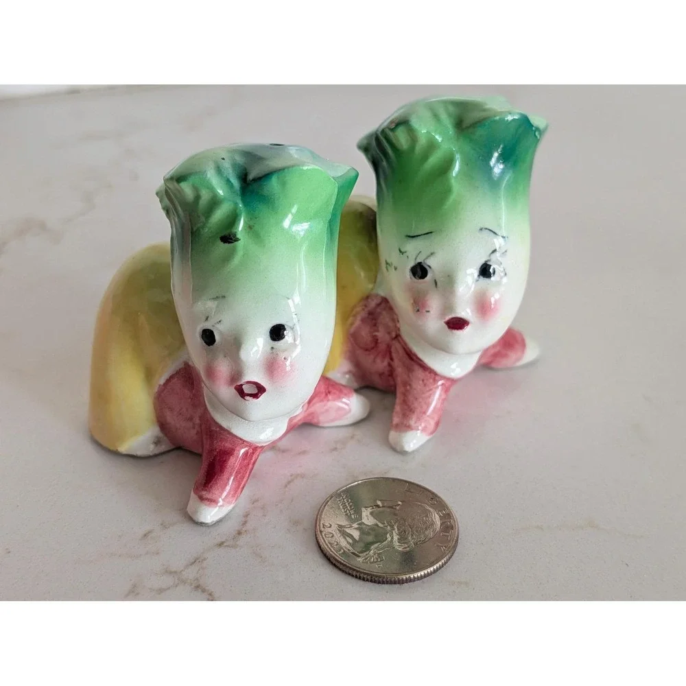 Vintage Anthropomorphic Vegetable Salt and Pepper Shakers Ceramic Mid Century